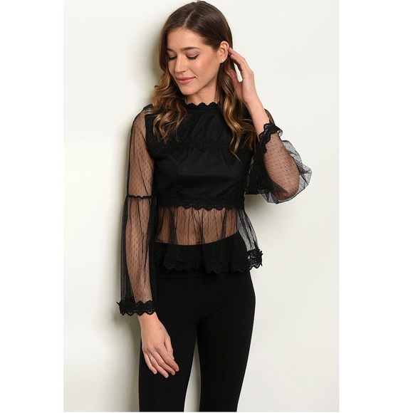 🆕 stunning sheer floral lace tulle peplum blouse - Picture 3 of 5